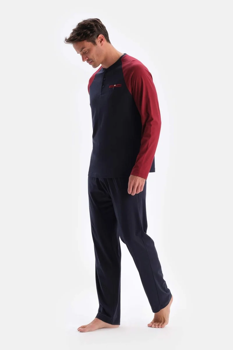 داجي Navy Blue Raglan Sleeve Garnished Cotton Modal Pajama Set