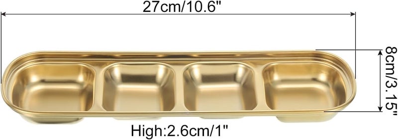 HEVASNEK 3-Pack Stainless Steel Sauce Dipping Bowls with 4 Compartment Divided Plates, Metal Seasoning Dish for Sauces, Dressings, and Condiments, Gold - Image 2