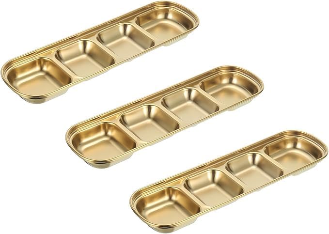 HEVASNEK 3-Pack Stainless Steel Sauce Dipping Bowls with 4 Compartment Divided Plates, Metal Seasoning Dish for Sauces, Dressings, and Condiments, Gold - Image 1