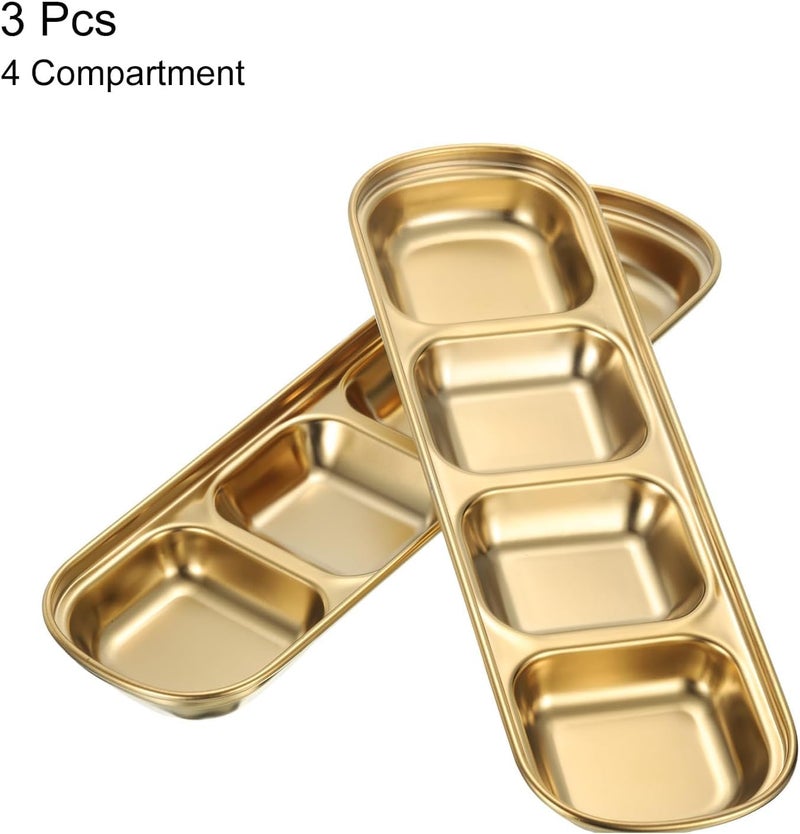 HEVASNEK 3-Pack Stainless Steel Sauce Dipping Bowls with 4 Compartment Divided Plates, Metal Seasoning Dish for Sauces, Dressings, and Condiments, Gold - Image 3
