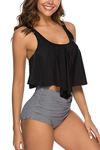 Adisputent Women High Waisted Swimsuit Flounce Swimwear Racerback Vintage Two Piece Bikini(Black Strap,XXL) - Image 3