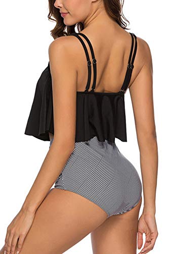 Adisputent Women High Waisted Swimsuit Flounce Swimwear Racerback Vintage Two Piece Bikini(Black Strap,XXL) - Image 2