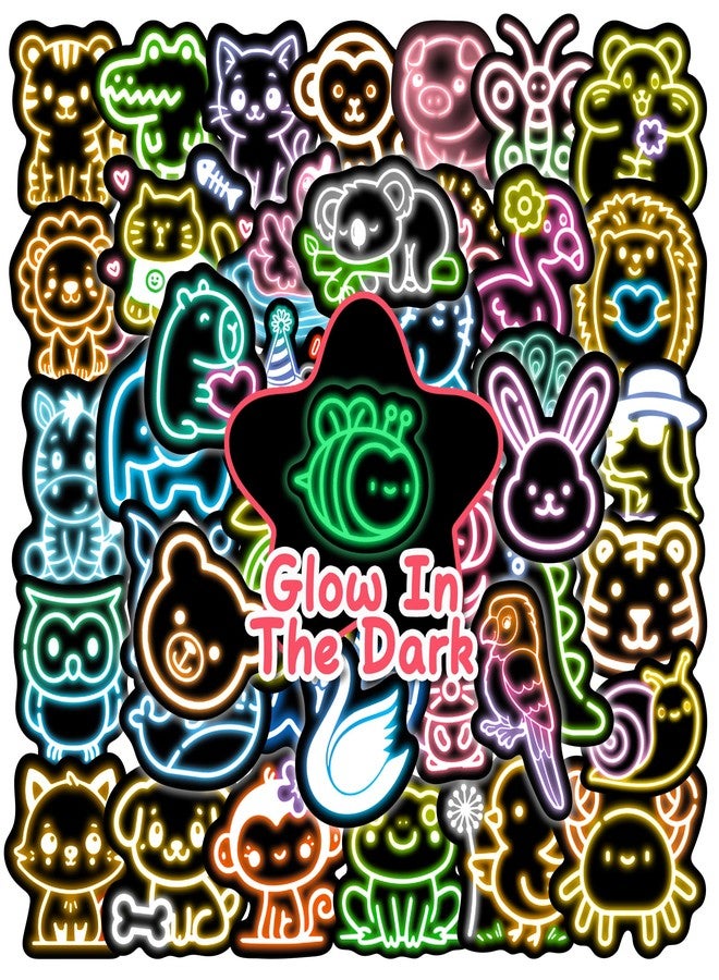 Robmoda 50 Pcs Glow in The Dark Neon Animals Stickers for Water Bottle, Waterproof Vinyl Cartoon Animals Laptop Decals, Phone Case Luggage Scrapbook Mug Decorations - Image 1