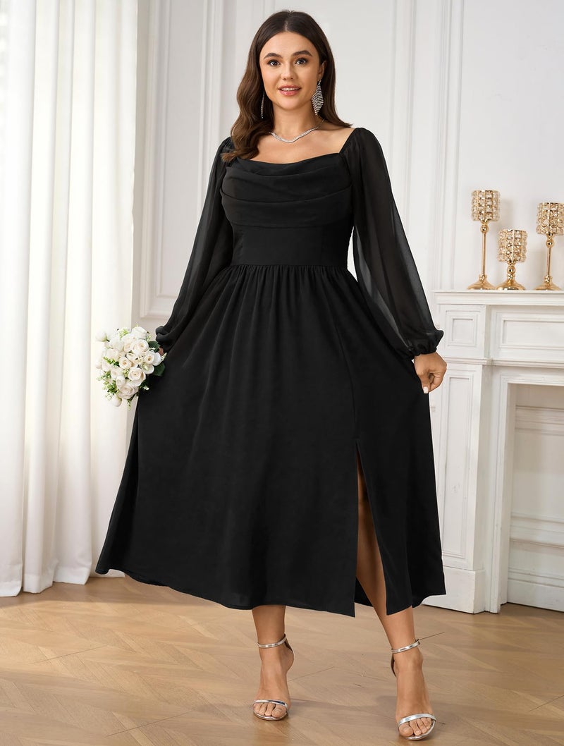 SHESTARR Women's Plus Size Dress Chiffon Long Sleeve Cowl Neck Wedding Guest Cocktail Party Maxi Dress Black - Image 4