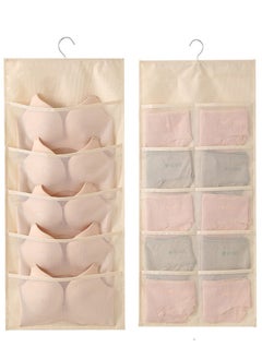 Excefore Closet Hanging Organizer, Bra and Underwear Hanging Storage Organizer, Dual Sided Wall Shelves with Mesh Pockets, Space Saver Bag, 5+10 Pockets (Beige）  - Image 1