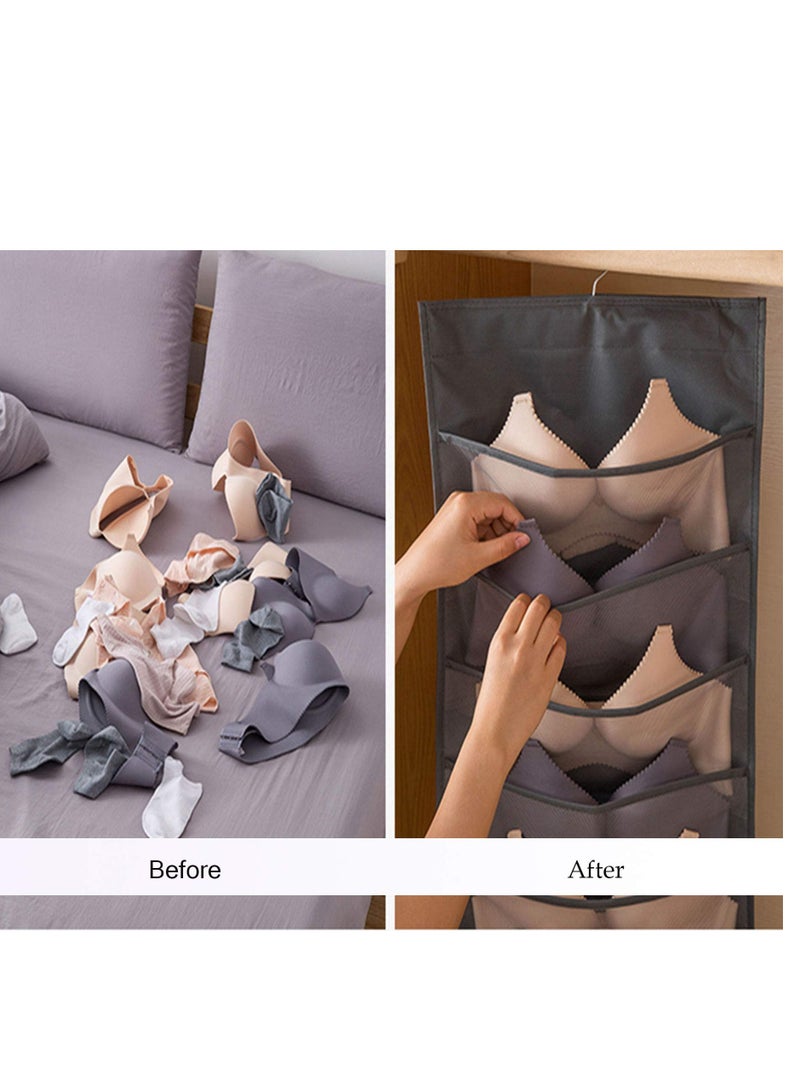 Excefore Closet Hanging Organizer, Bra and Underwear Hanging Storage Organizer, Dual Sided Wall Shelves with Mesh Pockets, Space Saver Bag, 5+10 Pockets (Beige）  - Image 5