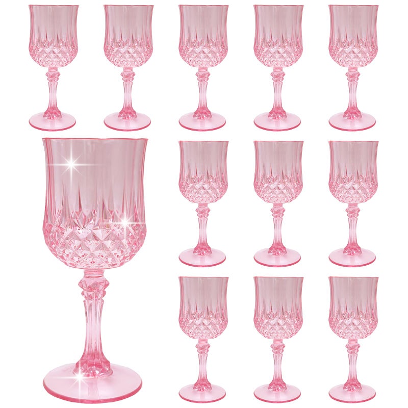 LEYIQU Plastic Wine GlassesPlastic Goblets Vintage Style Cordial Drinking Glasses for Wedding Reception Grand Event Party Supplies 12 Pink