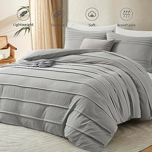 Oli Anderson Light Grey Duvet Cover King Size - Pleated King Duvet Cover, 3PCS Soft and Breathable Textured Bedding Set with Zipper Closure(Light Grey,104"x90") - Image 2
