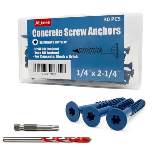 Allkeen 1/4" x 2-1/4" Concrete Screws, Anchoring to Masonry, Brick, Block, Cement or Stucco, 30PCS - Image 1