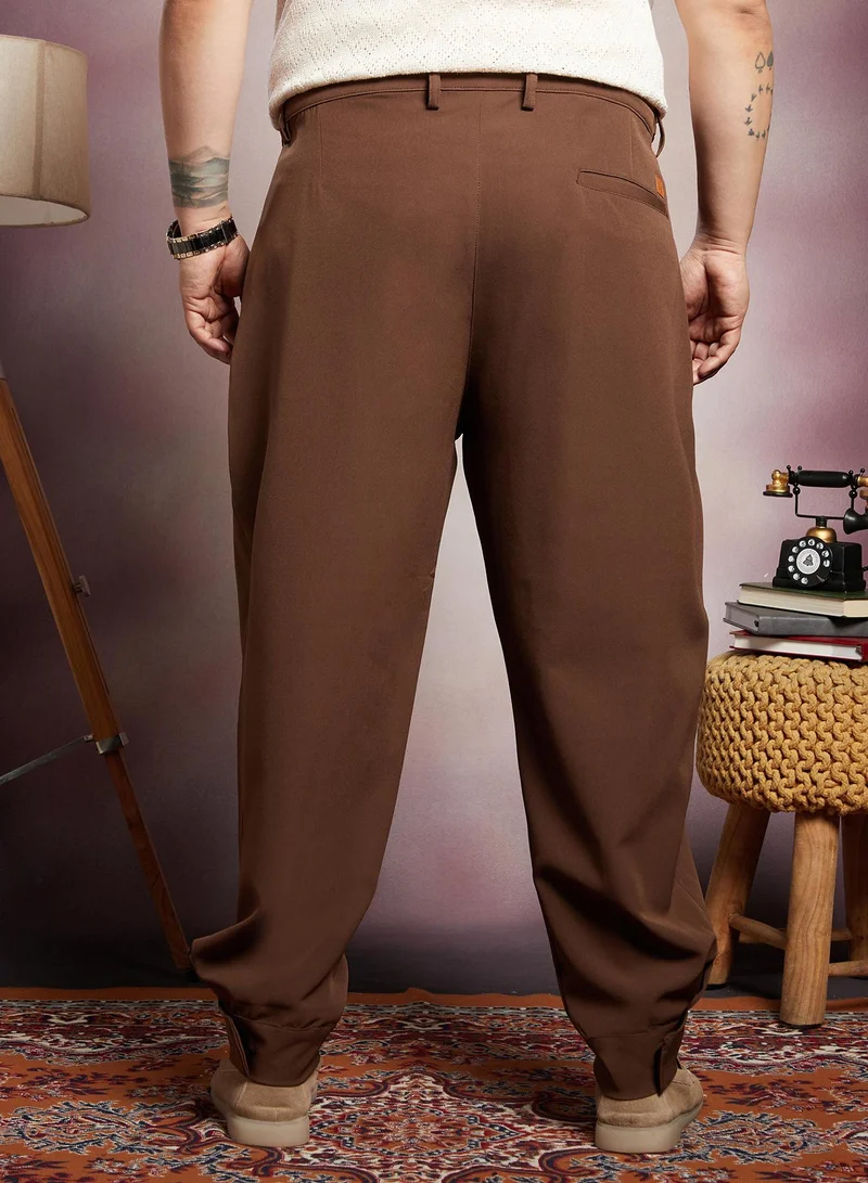 Instafab Plus  Instafab Plus Men's Russet Brown Panelled Gurkha Trousers For Casual Wear | Mid-Rise | Regular Fit | Button Closure | Plus Size Trousers Crafted With Comfort Fit For Everyday Wear for Men | Best Price UAE