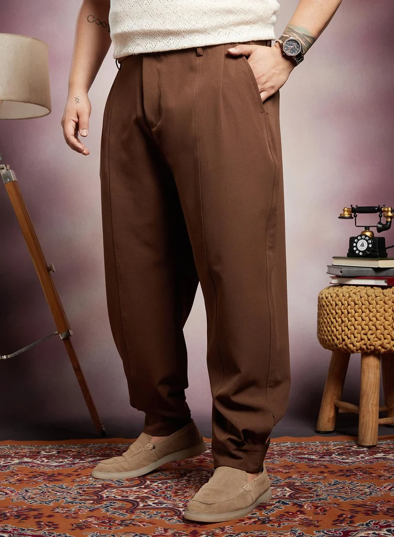 Instafab Plus  Instafab Plus Men's Russet Brown Panelled Gurkha Trousers For Casual Wear | Mid-Rise | Regular Fit | Button Closure | Plus Size Trousers Crafted With Comfort Fit For Everyday Wear for Men | Best Price UAE