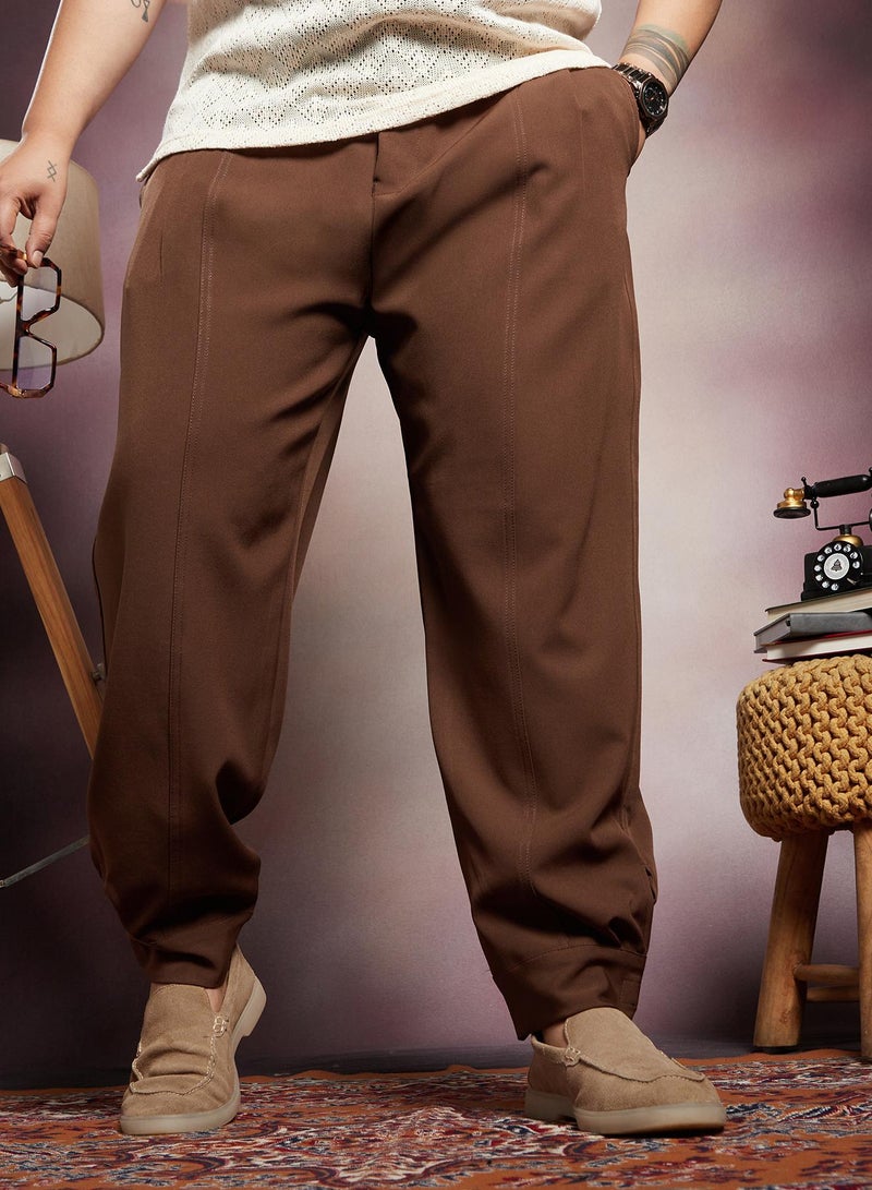 Instafab Plus Men's Russet Brown Panelled Gurkha Trousers For Casual Wear | Mid-Rise | Regular Fit | Button Closure | Plus Size Trousers Crafted With Comfort Fit For Everyday Wear - Image 1