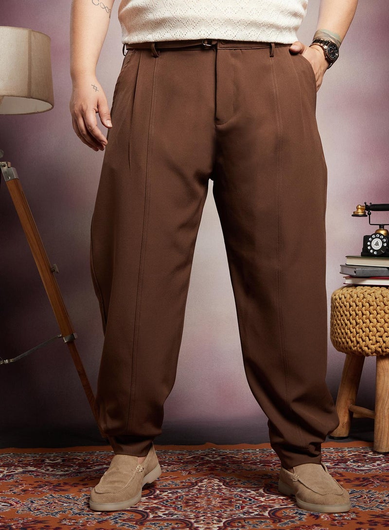 Instafab Plus Men's Russet Brown Panelled Gurkha Trousers For Casual Wear | Mid-Rise | Regular Fit | Button Closure | Plus Size Trousers Crafted With Comfort Fit For Everyday Wear - Image 2