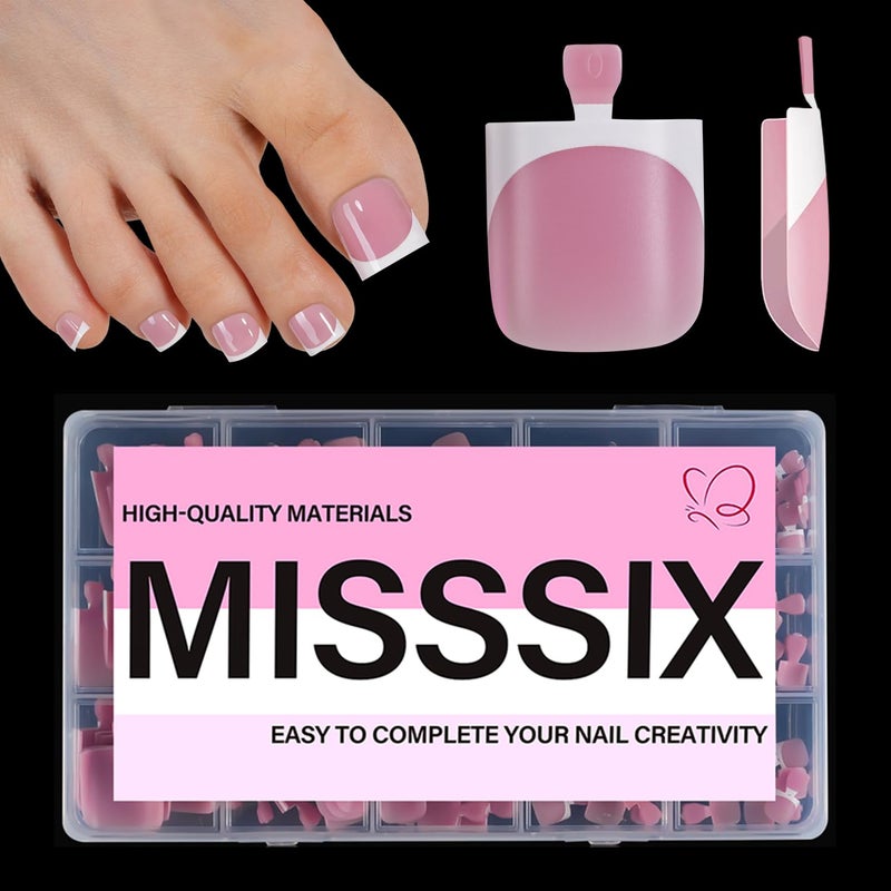 Misssix French Tip Press on Toe Nails, French Square Toe Nail Tips, Soft Gel False Toenail, Acrylic Soak off Fake Toe Nails for Women Nail Art DIY 15 Sizes - Image 1