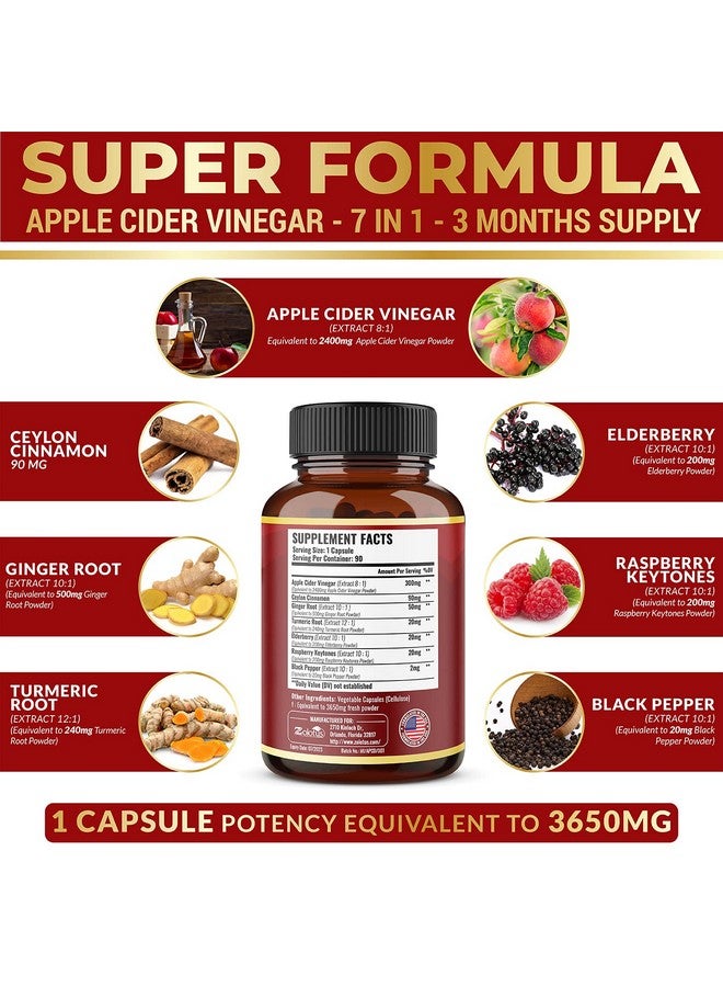 Zolotus 7 In 1 Apple Cider Vinegar Capsules Equivalent To 3650Mg 3 Month Supply With Ceylon Cinnamon Ginger Root Turmeric Elderberry Best Supplement For Digestion Immune  - Image 3