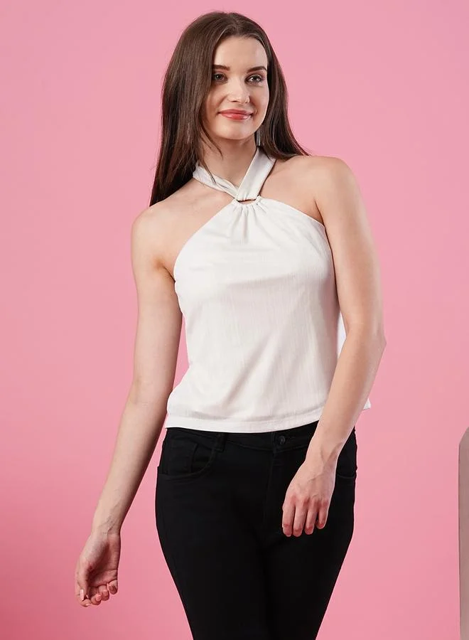 جلو باص بلوزة جلوبس بياقة هالتر مضلعة بنقشة