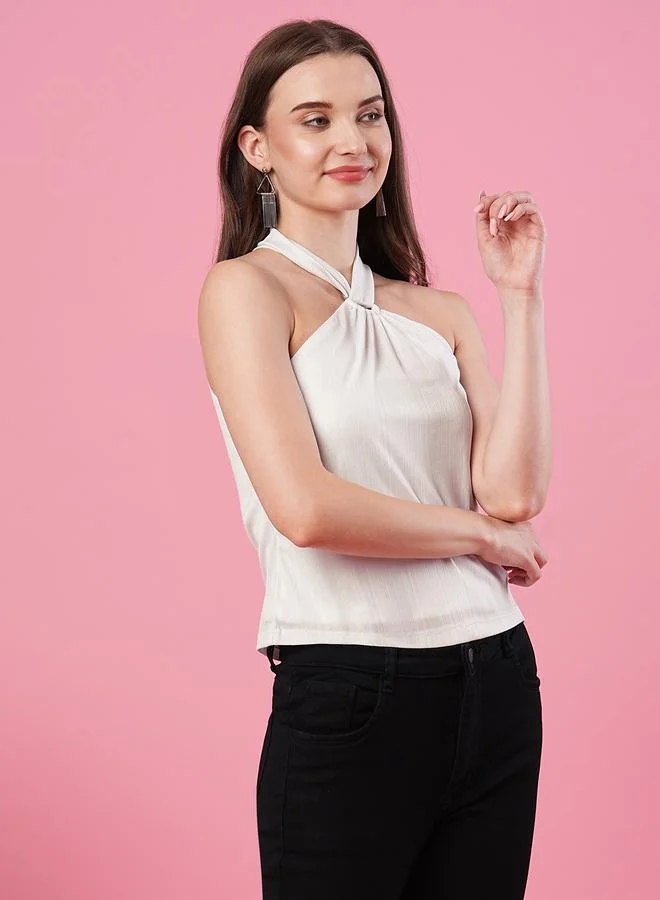 جلو باص بلوزة جلوبس بياقة هالتر مضلعة بنقشة