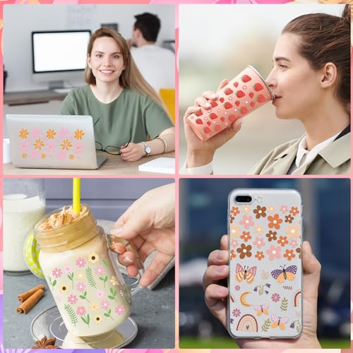 Rngmsi غطاء كوب Rngmsi UV DTF - 8 أوراق زهور لأغطية أكواب UV DTF سعة 16 أونصة من الأقحوان والفراولة والفراشات أغطية أكواب UVDTF مقاومة للماء مزينة بالزهور مخصصة لأغطية أكواب الزجاج والحرف الخشبية - Image 4