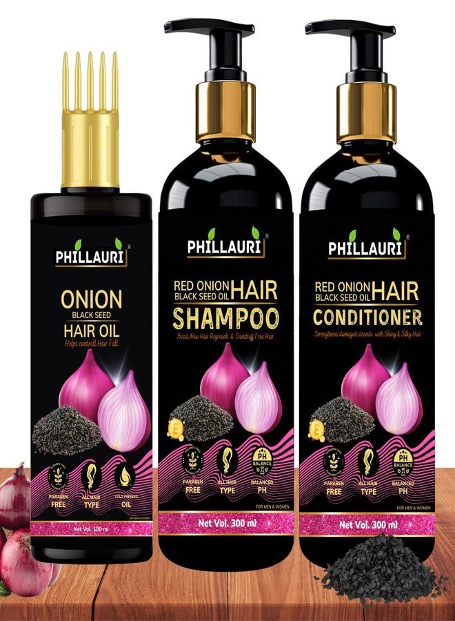 Phillauri مجموعة زيت البصل الأحمر وحبة البركة | (زيت للشعر + شامبو + بلسم) | زيت البصل للشعر | مجموعة شامبو وبلسم | - Image 1