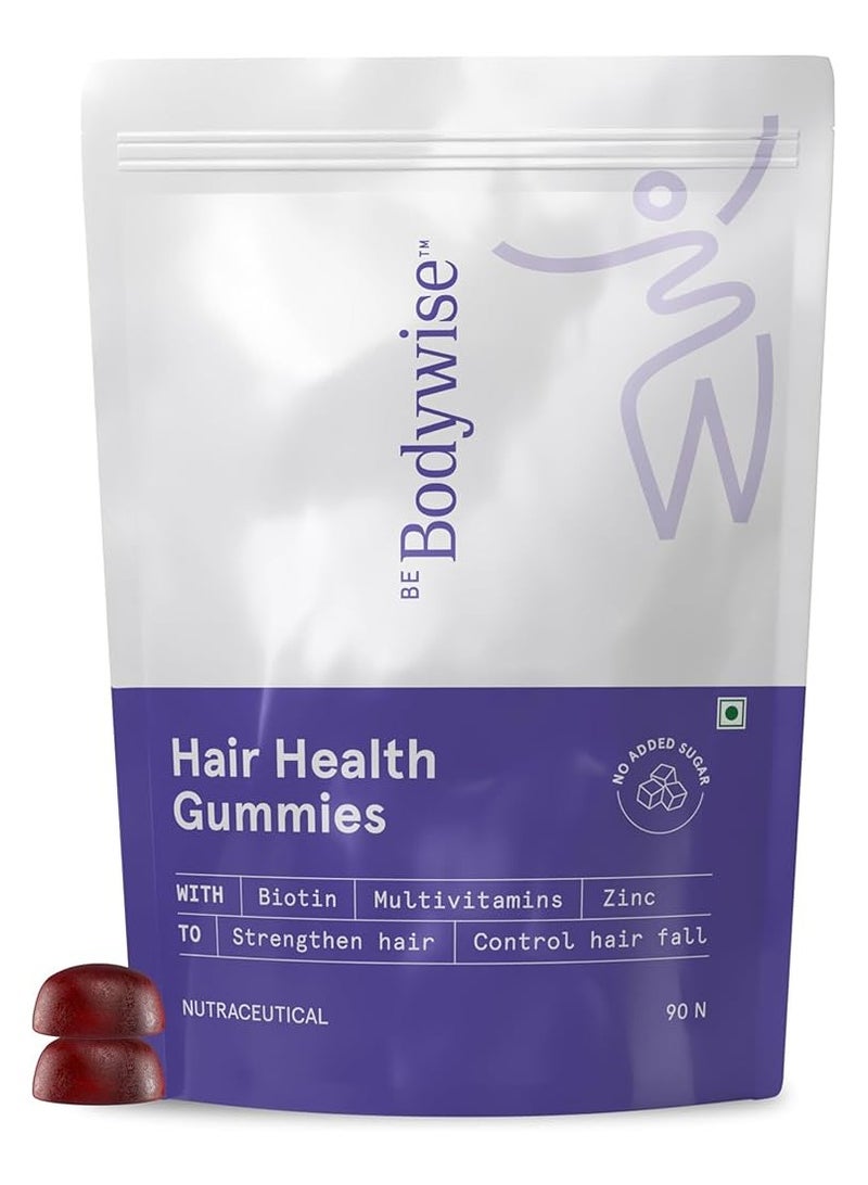 Be Bodywise Biotin Hair Gummies for Stronger, Shinier Hair & Nails | 90 Day Pack | High Potency Biotin, Zinc, Folic Acid, Fibre & Multivitamins | Strawberry Flavour | No Added Sugar, Gut Friendly - Image 1