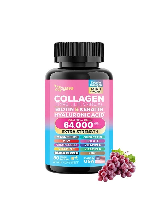 Zoyava Collagen Complex – Type I, II, III, V & X Collagen with Biotin, Keratin, Hyaluronic Acid, MSM & Grape Seed – Supports Hair, Skin, Nails, Joints & Bone Health – 90 Capsules - Image 1