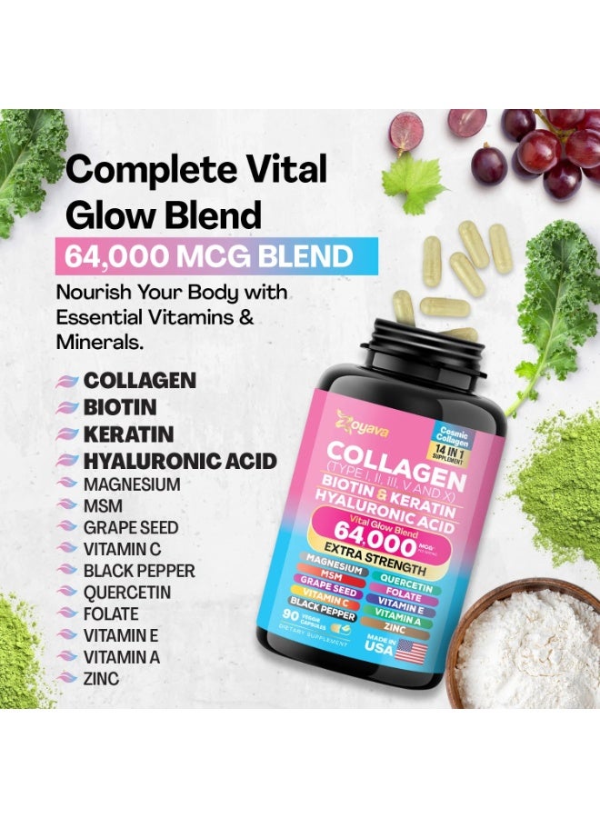 Zoyava Collagen Complex – Type I, II, III, V & X Collagen with Biotin, Keratin, Hyaluronic Acid, MSM & Grape Seed – Supports Hair, Skin, Nails, Joints & Bone Health – 90 Capsules - Image 4