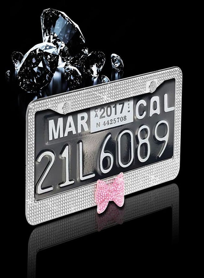 LEIWOOR 2 Pack Bling License Plate Frame，Handcrafted Bling Rhinestone Premium Stainless Steel License Plate Frame，14 Facets Clear Color Rhinestone Crystal (Silver&Pink-Bow) - Image 3