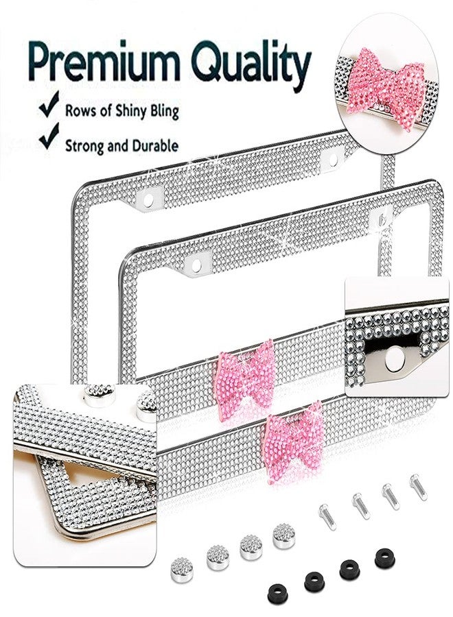 LEIWOOR 2 Pack Bling License Plate Frame，Handcrafted Bling Rhinestone Premium Stainless Steel License Plate Frame，14 Facets Clear Color Rhinestone Crystal (Silver&Pink-Bow) - Image 2