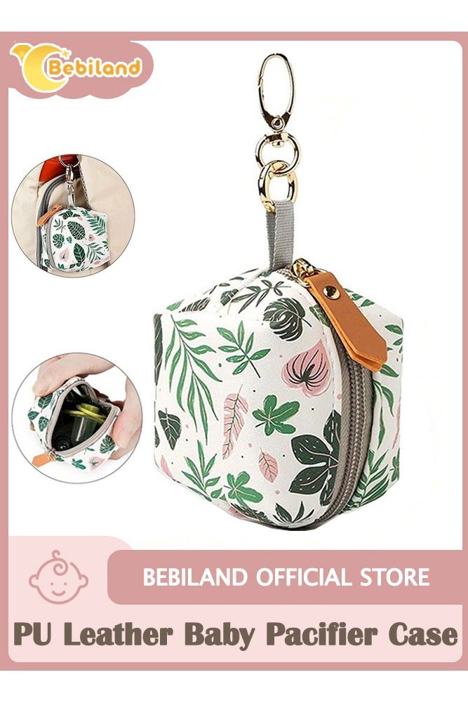 Bebiland PU Leather Baby Pacifier Case with Clip, Pacifier Holder Pouch Box for Diaper Bag, Holds 2 Pacifiers for Travel Outdoor Activities, Small Baby Utensils, Green  - Image 1