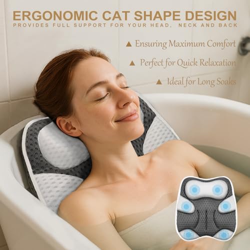ZYIDBNG Bath Pillow for Tub Ergonomic Cat Shape Design Bath Pillow for Head and Neck Support SPA Gift Bathtub Pillow 4D Air-Mesh with 7 Suction Cups Washable Gray - Image 3