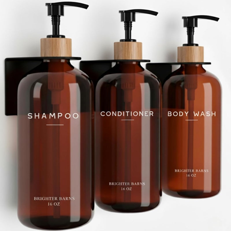 Brighter Barns Amber Shampoo and Conditioner Dispenser Set Wall Mounted by - Refillable Shampoo Dispenser for Shower Wall 3 Chamber No Drill - Plastic Shower Bottles for Guest Bathroom, Hotel (Amber) - Image 1