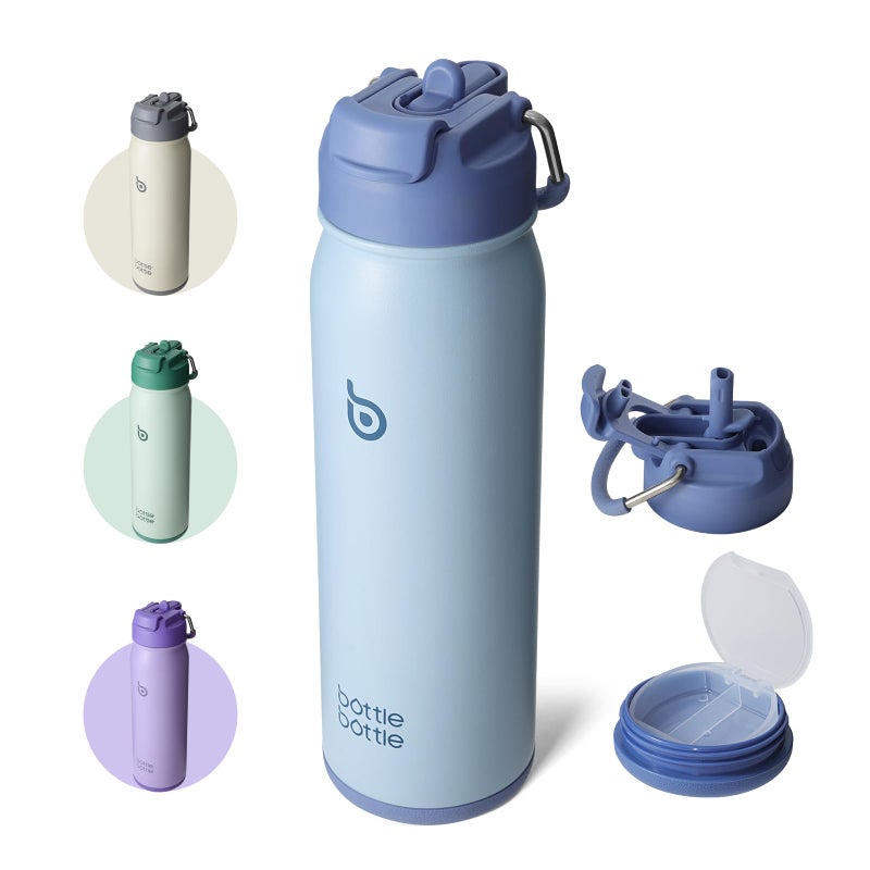 BOTTLE BOTTLE 24 oz sports water bottle stainless steel insulated water bottle with straw and pills holder (blue) - Image 1
