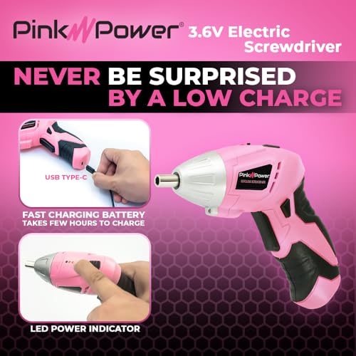 Pink Power Cordless Screwdriver Set - 3.6V Electric Screwdriver Rechargeable Screw Gun Kit - Automatic Mini Pink Drill Set for Women - Portable Small Drill Battery Powered Screwdriver LED Light - Image 3