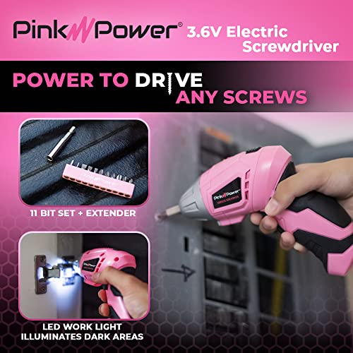 Pink Power Cordless Screwdriver Set - 3.6V Electric Screwdriver Rechargeable Screw Gun Kit - Automatic Mini Pink Drill Set for Women - Portable Small Drill Battery Powered Screwdriver LED Light - Image 5