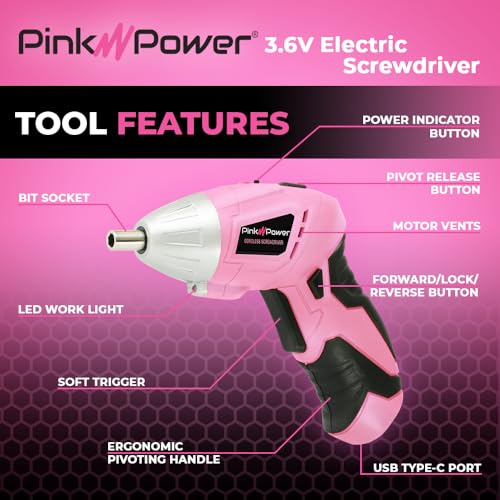 Pink Power Cordless Screwdriver Set - 3.6V Electric Screwdriver Rechargeable Screw Gun Kit - Automatic Mini Pink Drill Set for Women - Portable Small Drill Battery Powered Screwdriver LED Light - Image 2