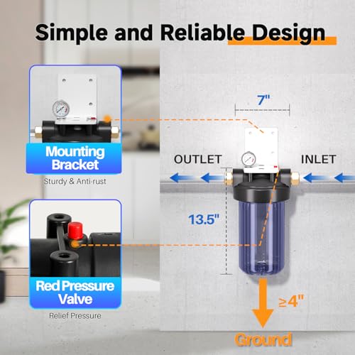 Pure Plus PUREPLUS Whole House Water Filter Housing, 10"x4.5" Universal Housing, Pre-Filtration System, with Pressure Gauge, 1" NPT - Image 5