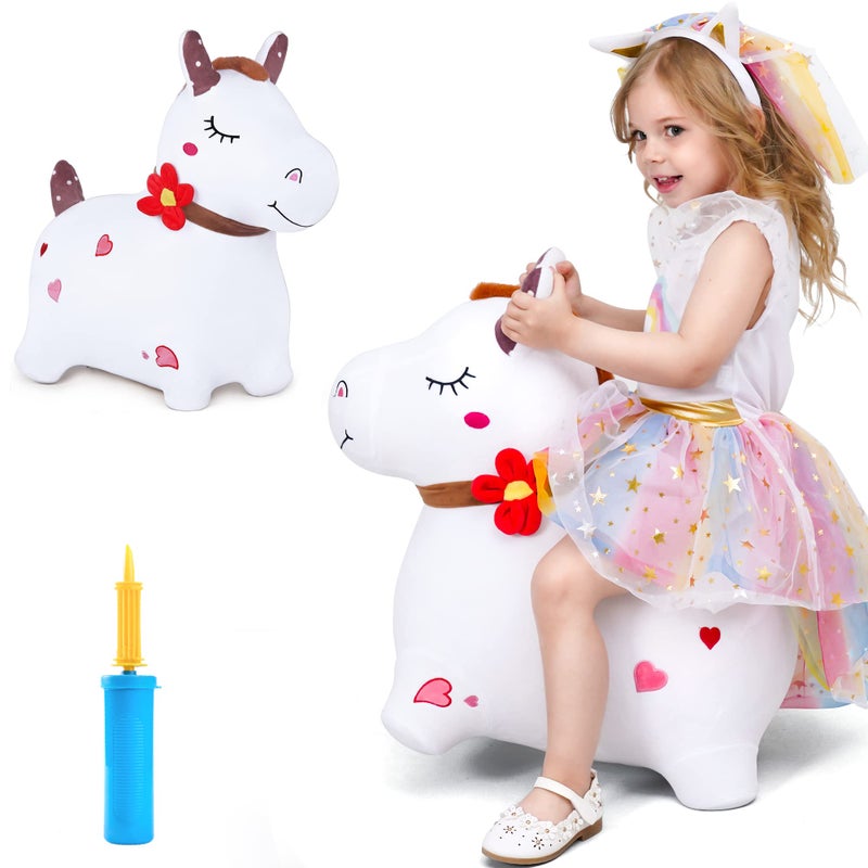 iPlay, iLearn Bouncy Pals White Hopping Horse, Inflatable Bouncing Animal Hopper Toy W/Pump, Plush Ride on Bouncer, Indoor Outdoor Birthday Gifts for 18 24 Month 2 3 4 5 Year Old Toddler Kid Boy Girl - Image 1