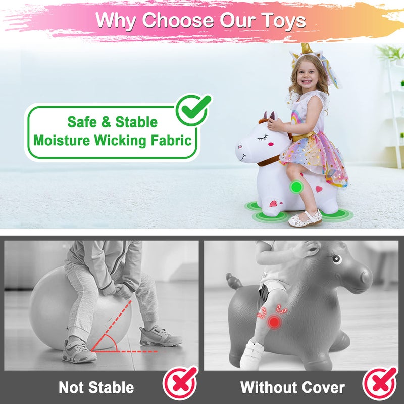 iPlay, iLearn Bouncy Pals White Hopping Horse, Inflatable Bouncing Animal Hopper Toy W/Pump, Plush Ride on Bouncer, Indoor Outdoor Birthday Gifts for 18 24 Month 2 3 4 5 Year Old Toddler Kid Boy Girl - Image 4
