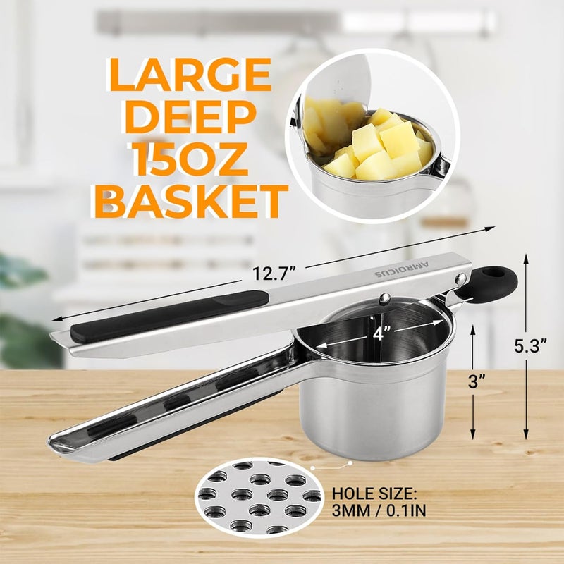 Amroicus Potato Ricer Stainless Steel, Large Potato Masher 15oz, Heavy Duty Ricer Kitchen Tool for Perfect Mashed Potatoes, Potato Press and Mash Kitchen Gadget, Spaetzle Maker for Noodle - Image 4