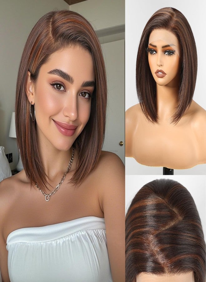 هير كيوب باروكة شعر صناعية أمامية من الدانتيل من هيركيوب، مقاس 13×6، لون بني 10 بوصات مع خصلات، قصة بوب، كثافة طبيعية، خط شعر طبيعي، ناعمة، بدون غراء، مناسبة للاستخدام اليومي للنساء - Image 1