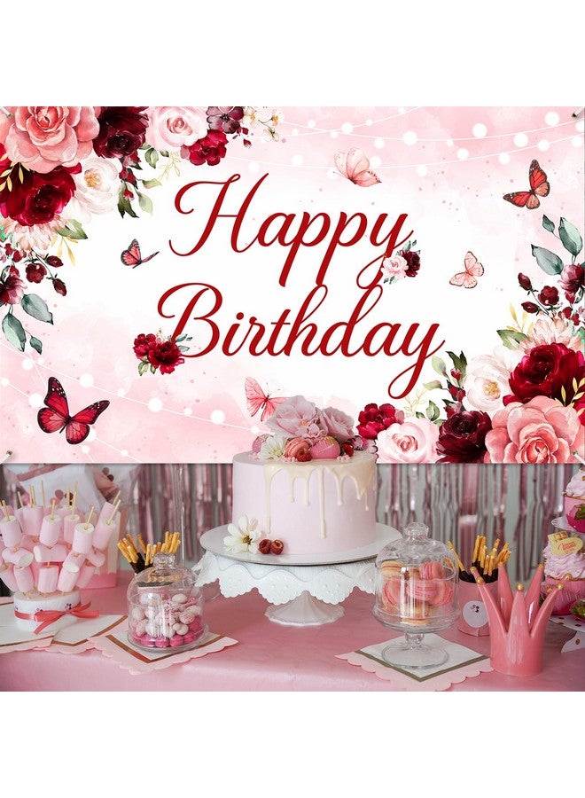 Avezano Floral Happy Birthday Banner for Women Girls Rose Gold Red Floral Birthday Party Decorations for Women Burgundy Flower Birthday Party Supplies Banner 70.8 x 43.3 Inch - Image 2