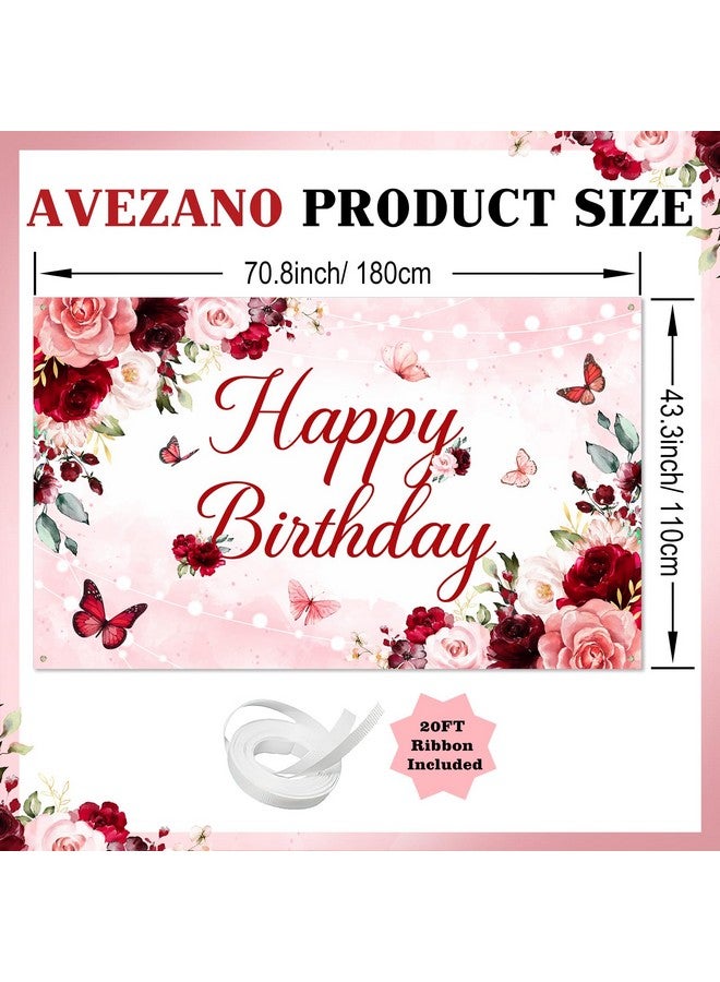 Avezano Floral Happy Birthday Banner for Women Girls Rose Gold Red Floral Birthday Party Decorations for Women Burgundy Flower Birthday Party Supplies Banner 70.8 x 43.3 Inch - Image 3