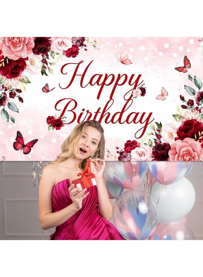 Avezano Floral Happy Birthday Banner for Women Girls Rose Gold Red Floral Birthday Party Decorations for Women Burgundy Flower Birthday Party Supplies Banner 70.8 x 43.3 Inch - Image 4