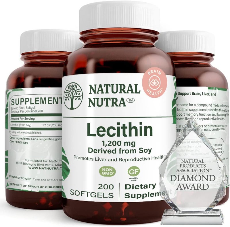 Natural Nutra Soy Lecithin 1200 mg Dietary Supplement  Brain Function Liver Health Improve Procreant Health Boosting Supplement  GlutenFree BPAFree 200 Softgels in Recyclable Glass Bottles - Image 1