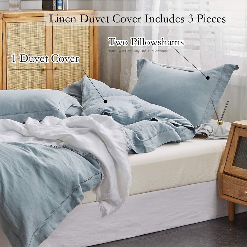 Simple&Opulence غطاء لحاف من الكتان المغسول 100% بسيط وفاخر مع تطريز، حجم كوين (88"x92"), مجموعة مريحة من 3 قطع بتصميم مزرعة ناعمة مع إغلاق بأزرار، 1 غطاء لحاف و 2 غطاء وسادة (كوين، أزرق باهت) - Image 5