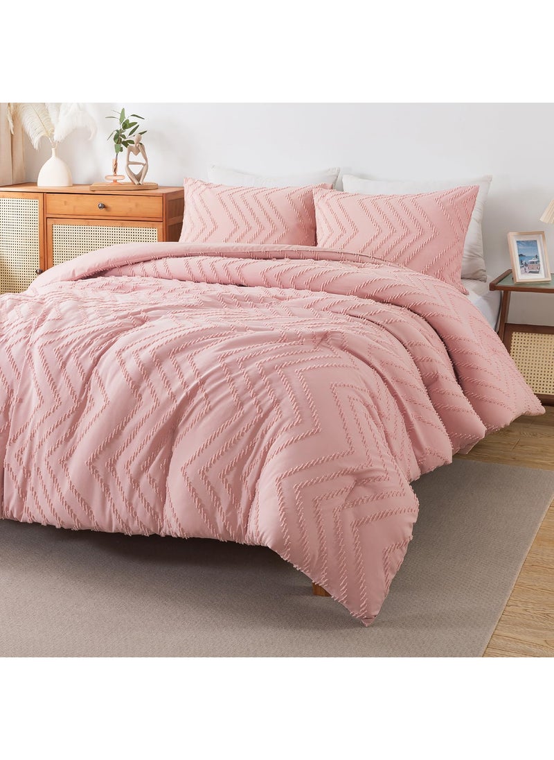 Andency Andency Pink Comforter Set King  Boho Cute Girls Women Soft Fluffy Warm Lightweight Bedding Comforter Sets for King Bed  3 Pieces Chevron Tufted Aesthetic Microfiber Comforter Set  - Image 1