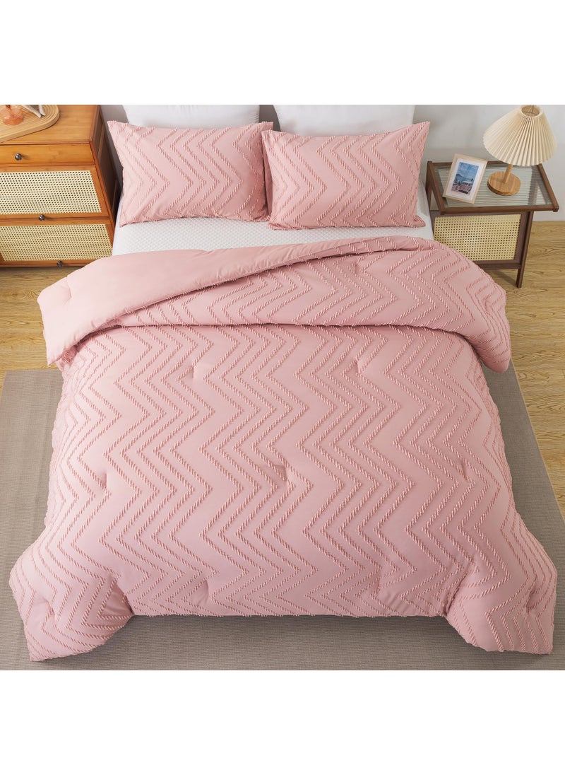 Andency Andency Pink Comforter Set King  Boho Cute Girls Women Soft Fluffy Warm Lightweight Bedding Comforter Sets for King Bed  3 Pieces Chevron Tufted Aesthetic Microfiber Comforter Set  - Image 3