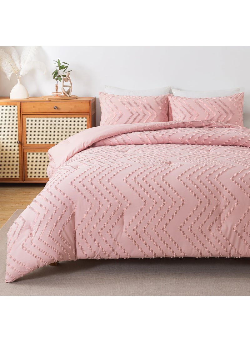 Andency Andency Pink Comforter Set King  Boho Cute Girls Women Soft Fluffy Warm Lightweight Bedding Comforter Sets for King Bed  3 Pieces Chevron Tufted Aesthetic Microfiber Comforter Set  - Image 4