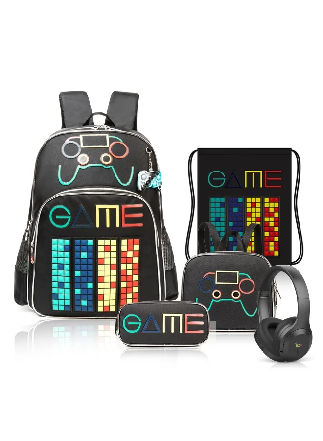 Eazy Kids Eazy Kids 17Inch Set of 5 School Bag with BT Headset, Lunch Bag, Activity Bag and Pencil Case Gen Z Gamer - Black