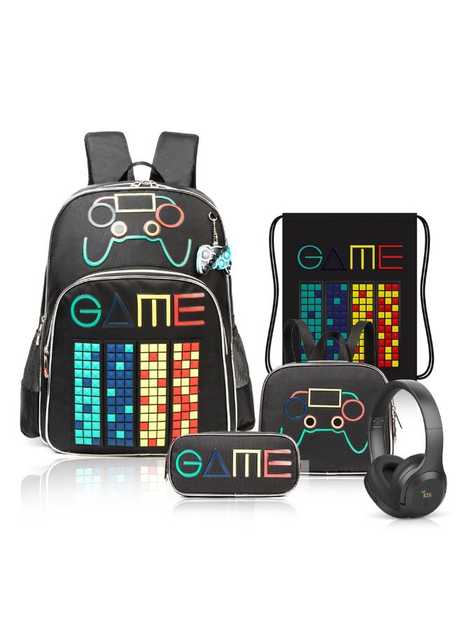 Eazy Kids Eazy Kids 17Inch Set of 5 School Bag with BT Headset, Lunch Bag, Activity Bag and Pencil Case Gen Z Gamer - Black  - Image 1